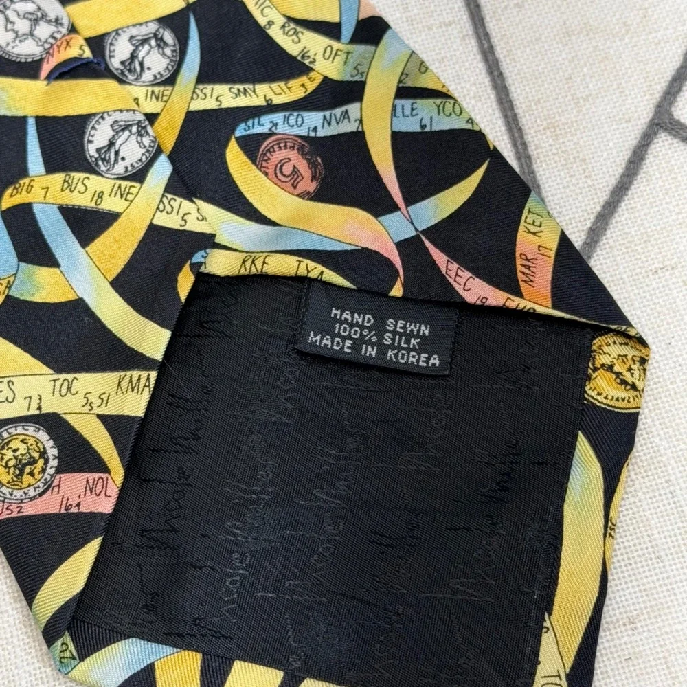 Nicole Miller‎ Necktie OS Black Stock Market Ticker Tape Coins Silk Vintage 1999